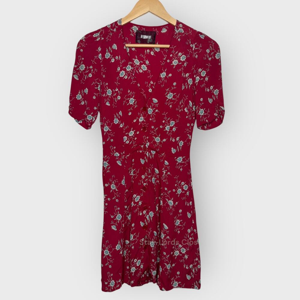 Reformation Floral Mini Dress Fit & Flare Ruched Detail Sleeve Button Down Red 2